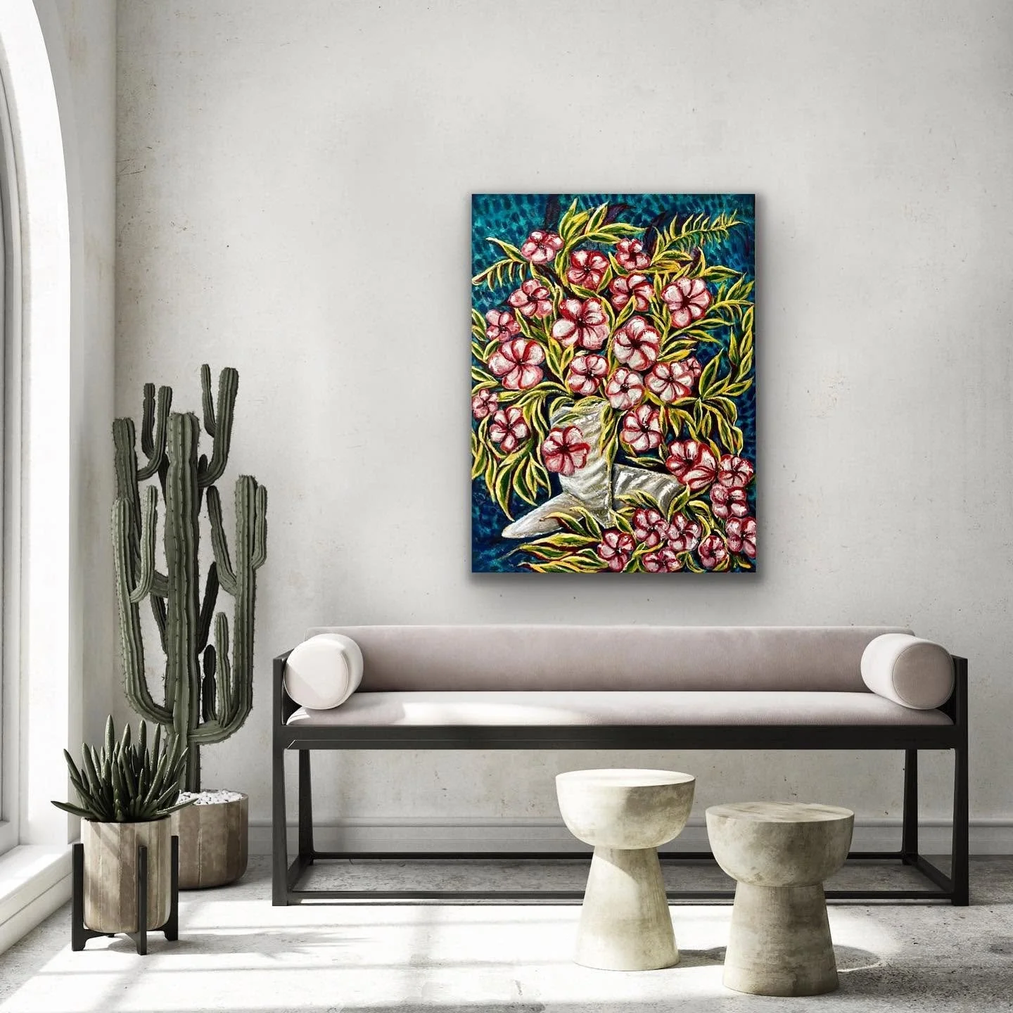 Original encaustic painting of pink floral blooms by Emily Scott, shown in a home interior