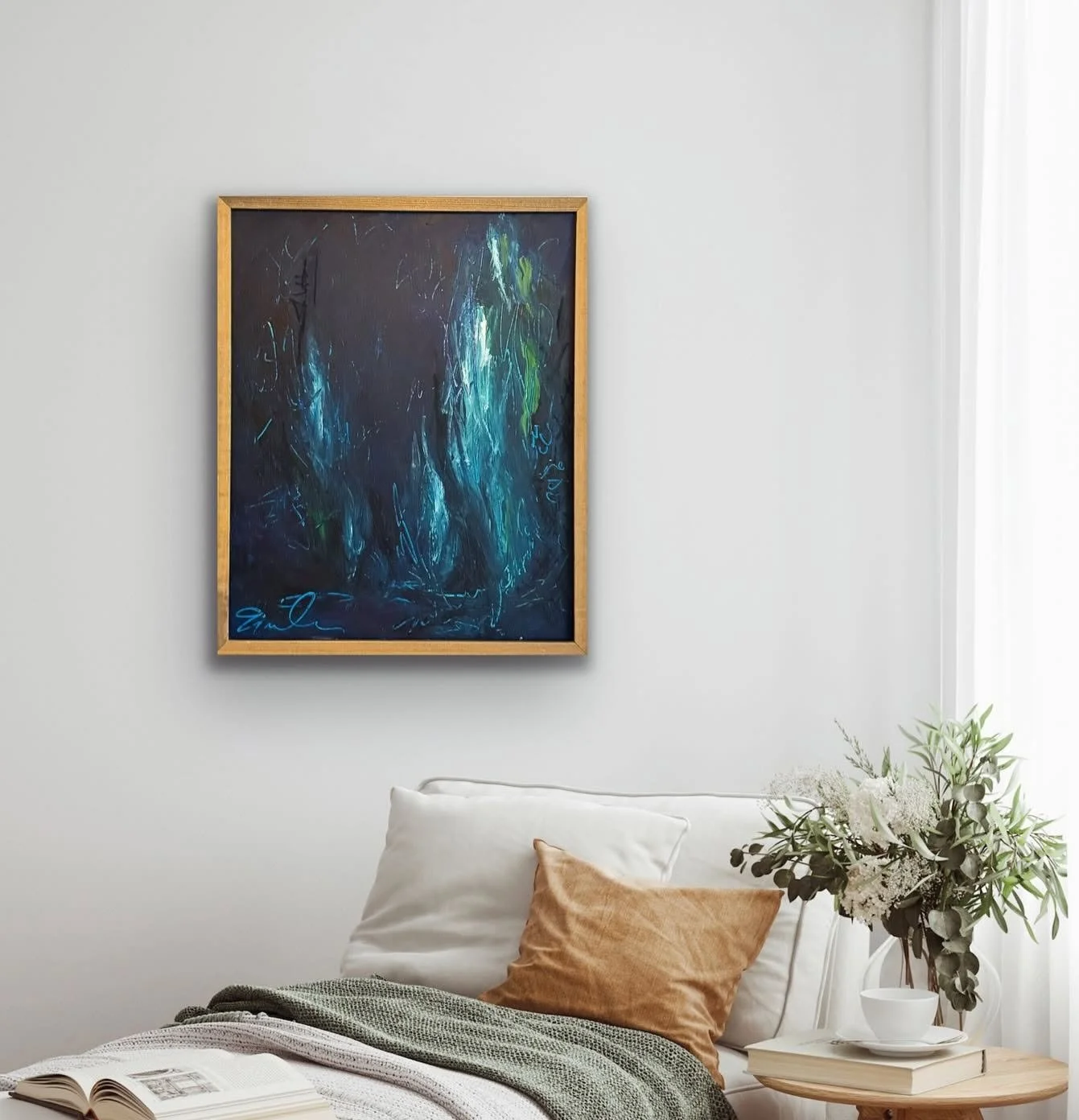 Deep blue encaustic abstract painting with vertical light streaks by Emily Scott, in a gold frame