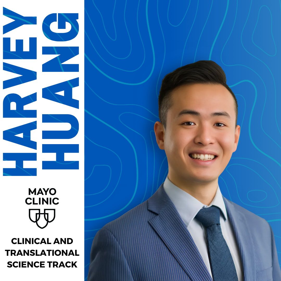 Portrait of a man in a blue suit and tie with the name 'Harvey Huang' vertically written on the left. Mayo Clinic logo and 'Clinical and Translational Science Track' text displayed below the name. Blue abstract background.