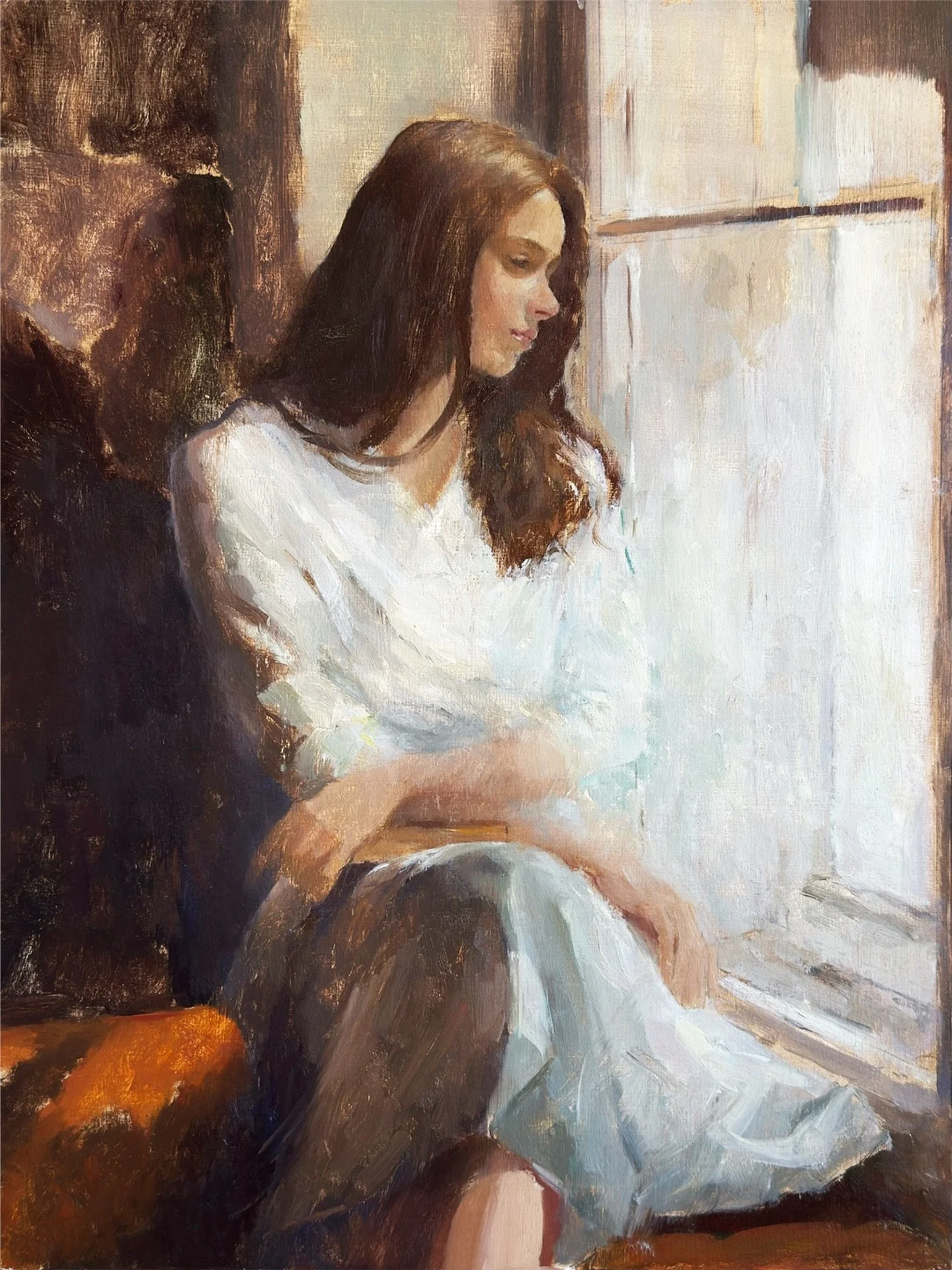 30x40, dm for inquiry 

A play between the internal and external. As a book rests on her lap, full of pages to endless imagination, she looks  through the window where on the other side the vast world begins. 

#konst #konstn&auml;r #portr&auml;ttm&a