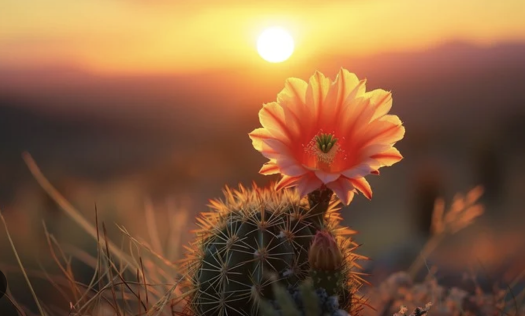 A cactus with a bright orange and yellow flower blooming on it, set against a sunset background with the sun low in the sky.