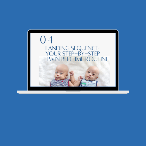Laptop screen displaying a presentation titled 'Landing Sequence: Your Step-by-Step Twin Bedtime Routine' with two sleeping babies on a white blanket.