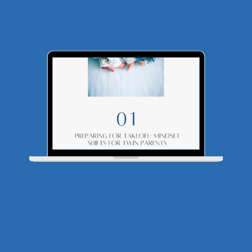 Laptop screen displaying a presentation titled 'Preparing for Takeoff: Mindset Shifts for Twin Parents' with a group of children laying on a bed above the screen.