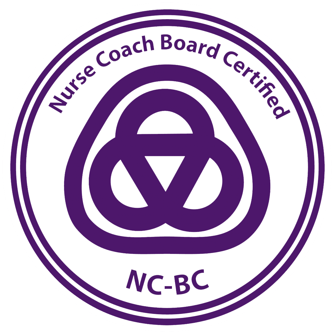 Nurse Coach Board Certified badge in purple with the text 'Nurse Coach Board Certified' and 'NC-BC' around a symbol with overlapping circles and triangles.