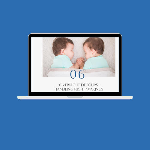 A laptop screen showing two sleeping babies facing each other, with text indicating it's for overnight detours and handling night wakings.