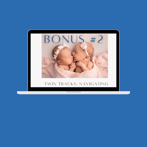 Laptop displaying a photo of two babies touching noses, with the text "BONUS #2" and "TWIN TRACKS: NAVIGATING" on the screen.