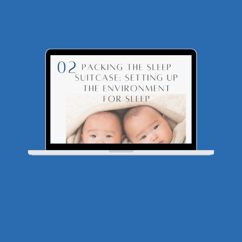 Laptop screen showing a page titled 'Packing the Sleep Suitcase: Setting Up the Environment for Sleep' with an image of two babies under a blanket.