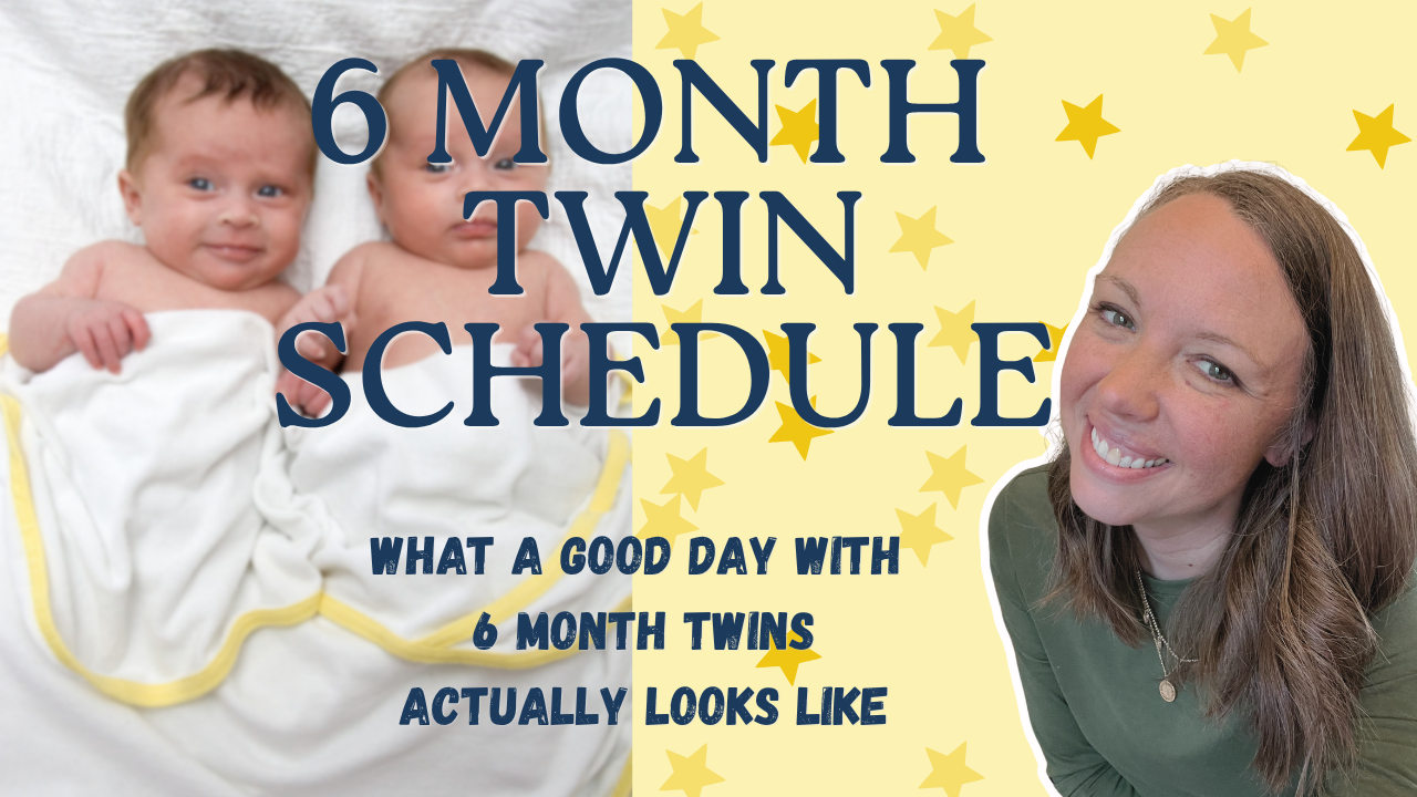 6 month twin schedule, twin babies lying on a blanket, womans face smiling. text saying what a good day with 6 month twins actually looks like.
