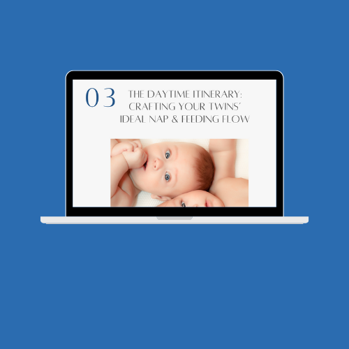 Laptop screen displaying a presentation slide titled 'The Daytime Itinerary: Crafting Your Twins’ Ideal Nap & Feeding Flow' with an image of a baby lying on its side.
