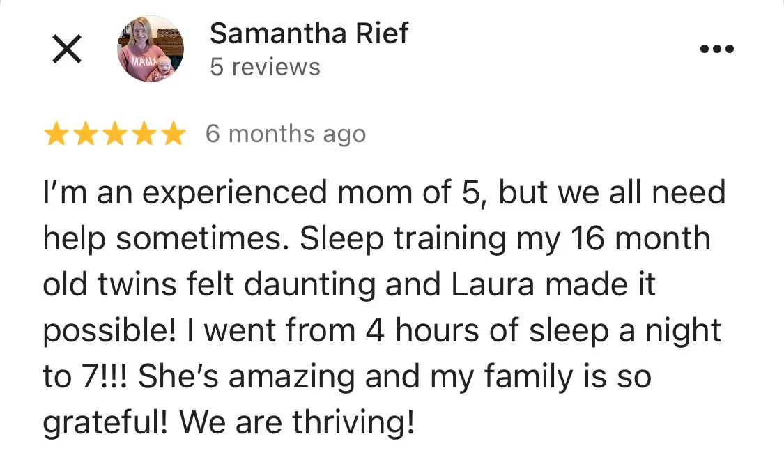 Screenshot of a positive review by Samantha Rief praising sleep training for her 16-month-old twins.