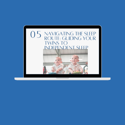 A laptop displaying a page about guiding twins to independent sleep, with a photo of two babies on the screen, against a blue background.
