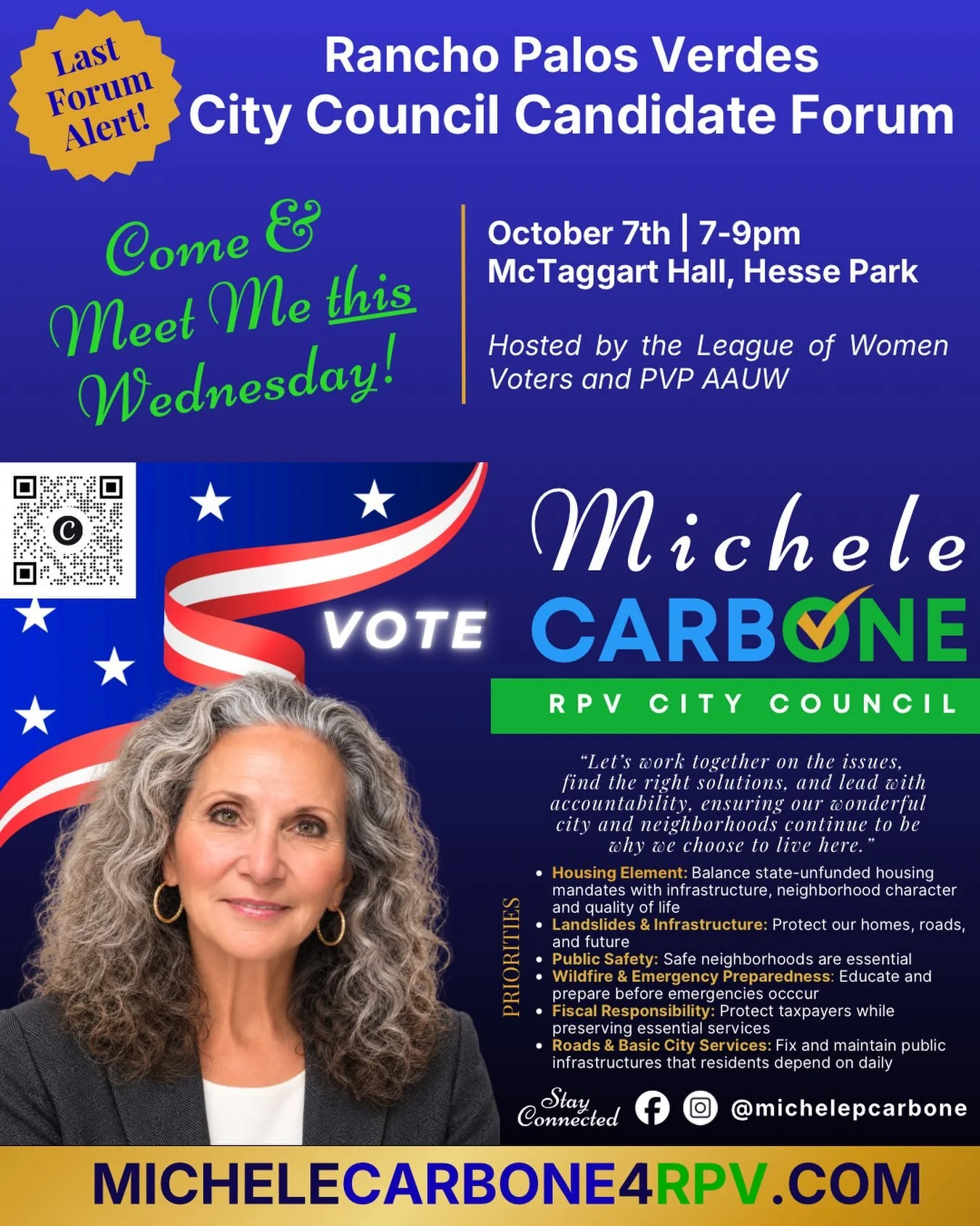 Join me TONIGHT for the final City Council Candidate Forum!

Hear my vision for Rancho Palos Verdes, learn where I stand on the issues that matter most, and get to know the person behind the campaign.

Can&rsquo;t attend? Follow along on social media