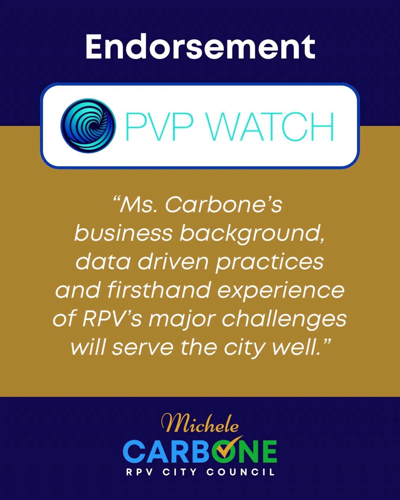 I&rsquo;m honored to receive the endorsement of PV Watch in my campaign for Rancho Palos Verdes City Council.

Thank you to PV Watch for your support and continued engagement in our community. I&rsquo;m committed to bringing a data-driven, solutions-