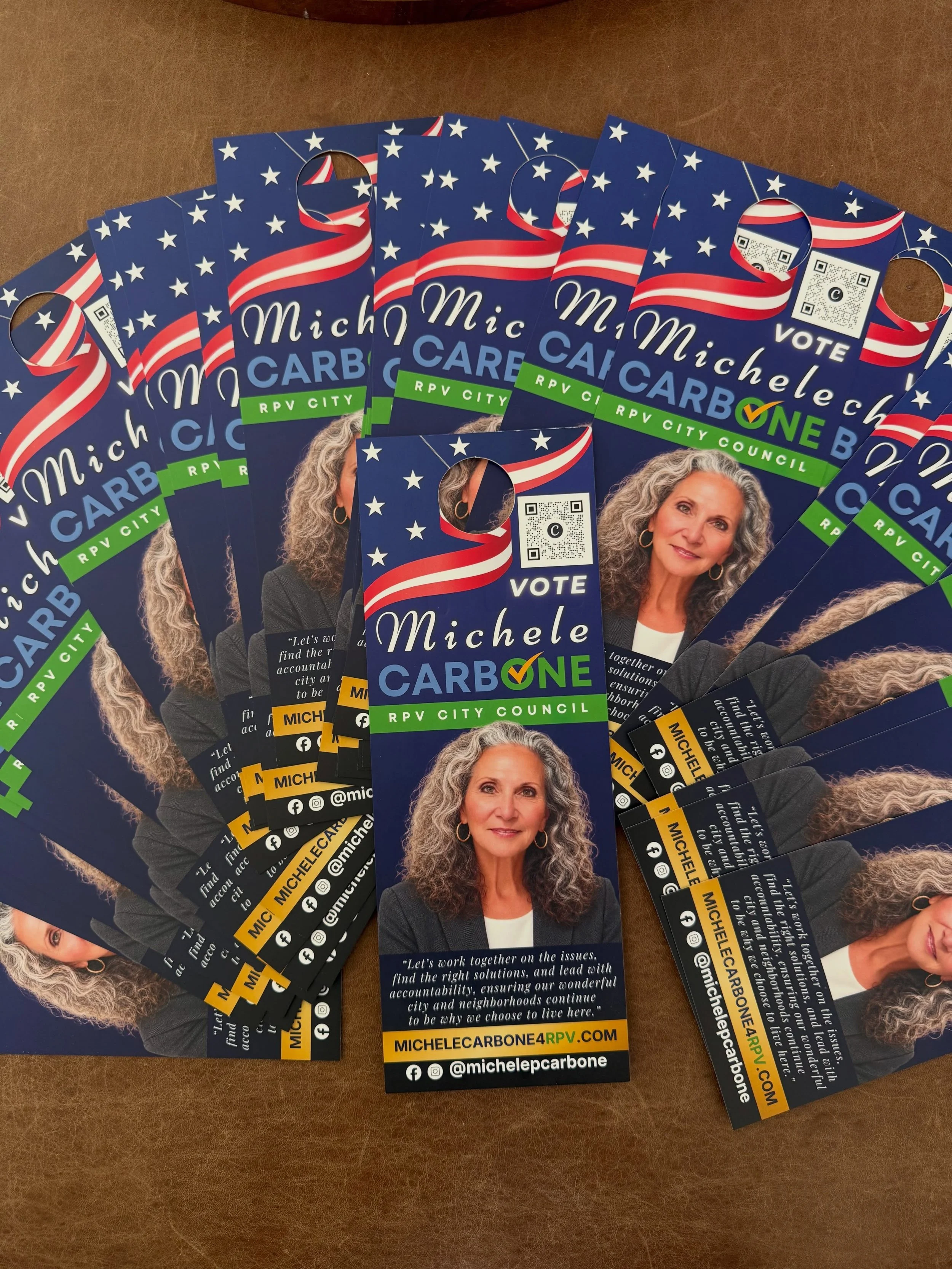 Our doorhangers are making its way around RPV! We hope to reach new residents and help them learn about Michele's priorities for RPV. 

✅ MicheleCarbone4RPV.com

Please vote this November 3!