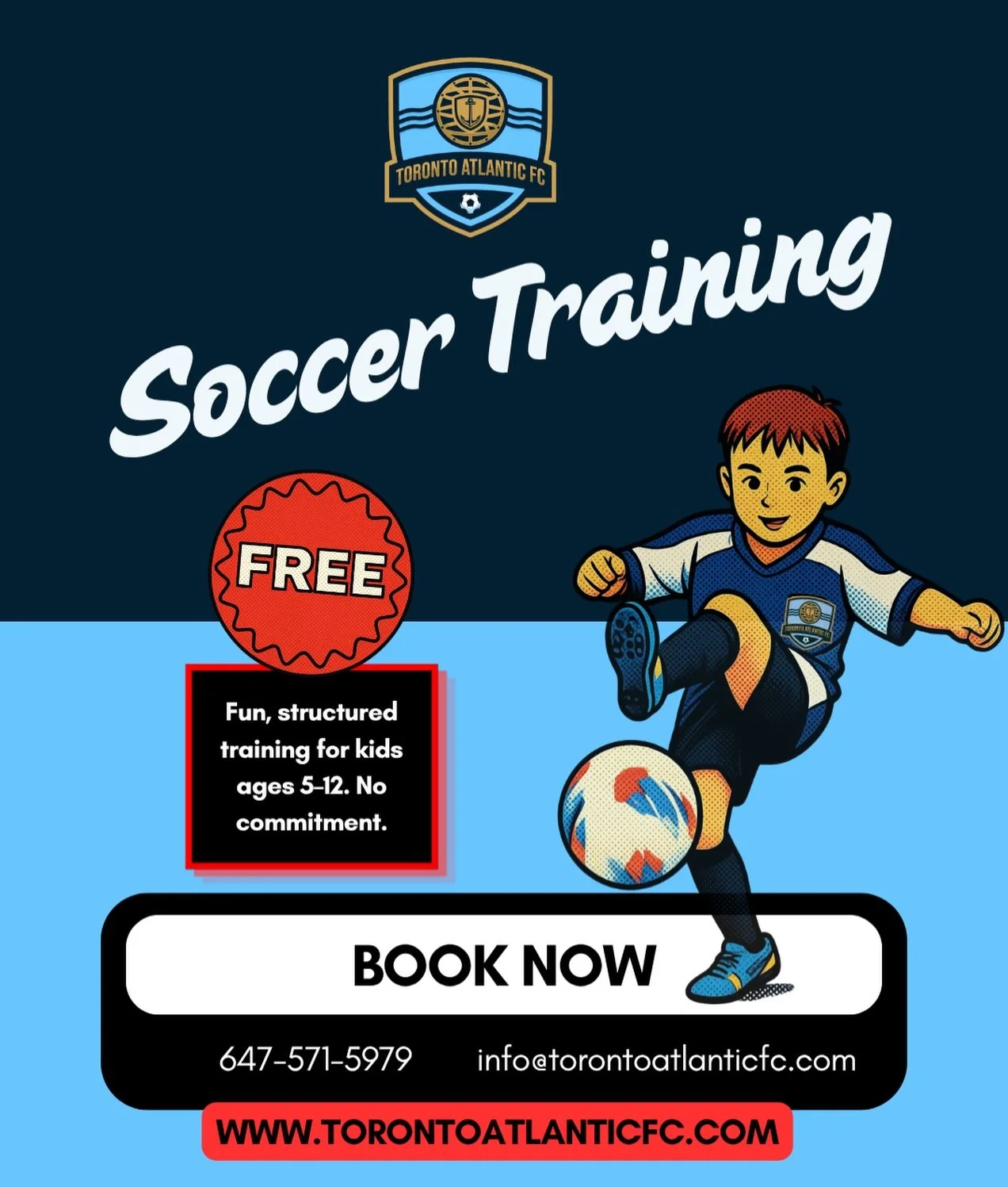 Claim one free session 
Available for limited time only 
 www.torontoatlanticfc.com
[Toronto soccer , soccer for kids free activities in Toronto ]
