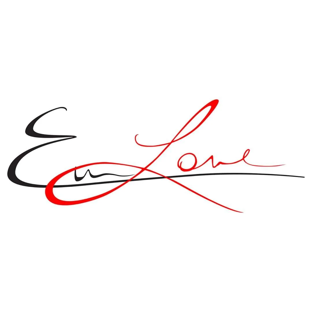 Stylized text spelling 'E Love' with 'E' in black and 'Love' in red, featuring decorative script and flourish elements.