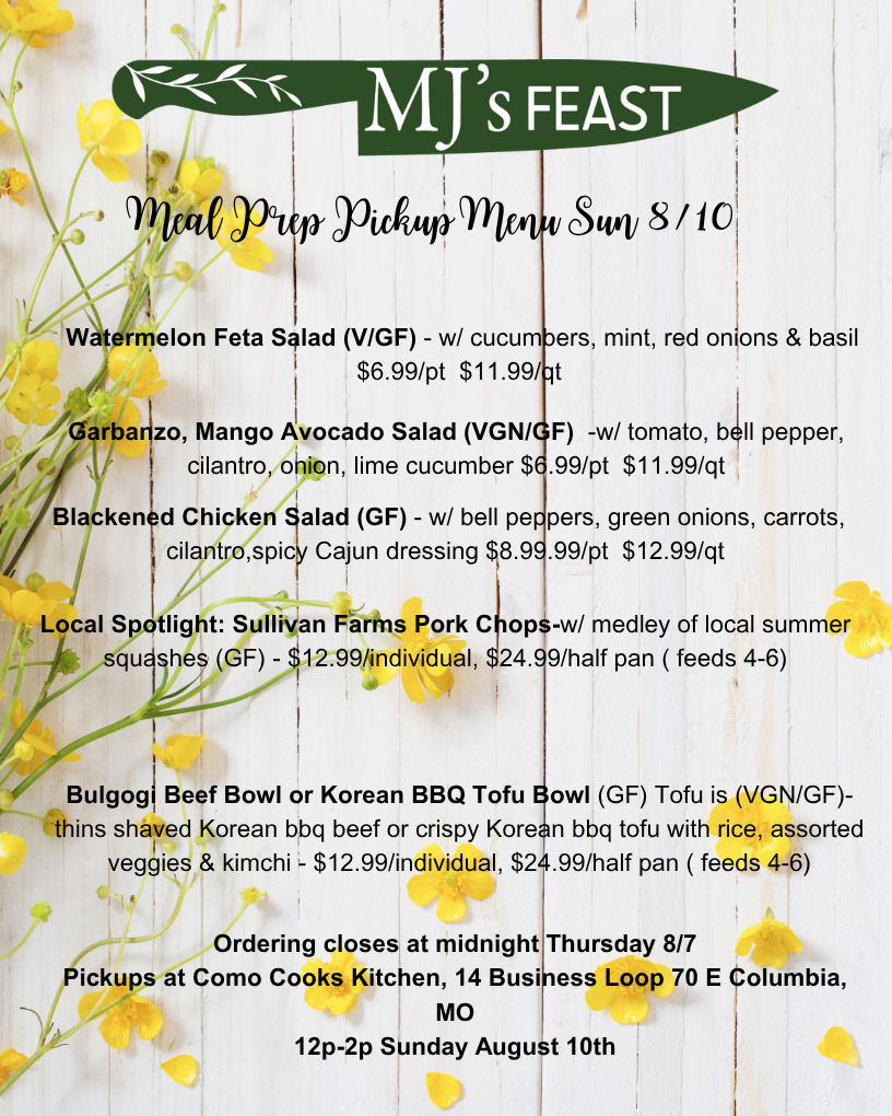 August 10th Meal Prep Pickup Menu
