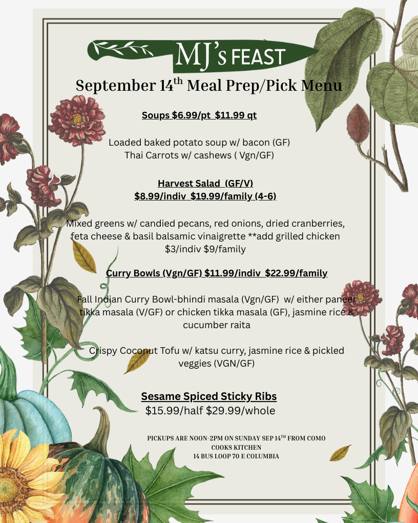 September 14 Meal Prep/Pickup Menu