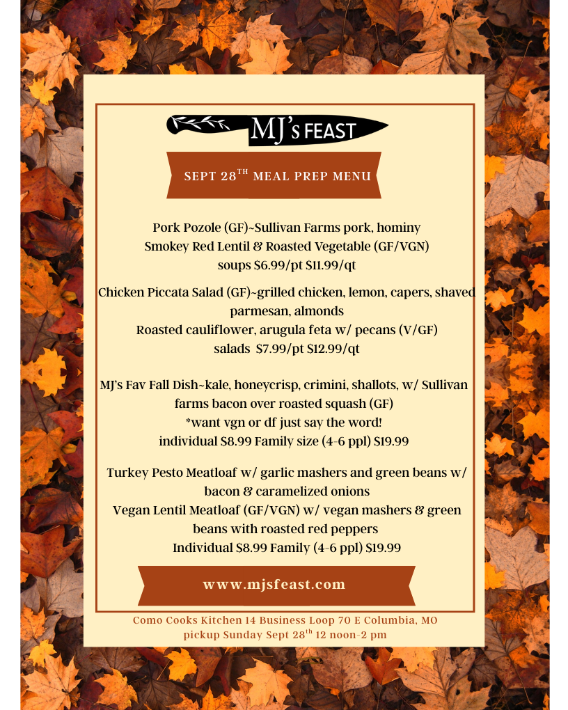 September 28th Meal Prep/Pickup Menu
