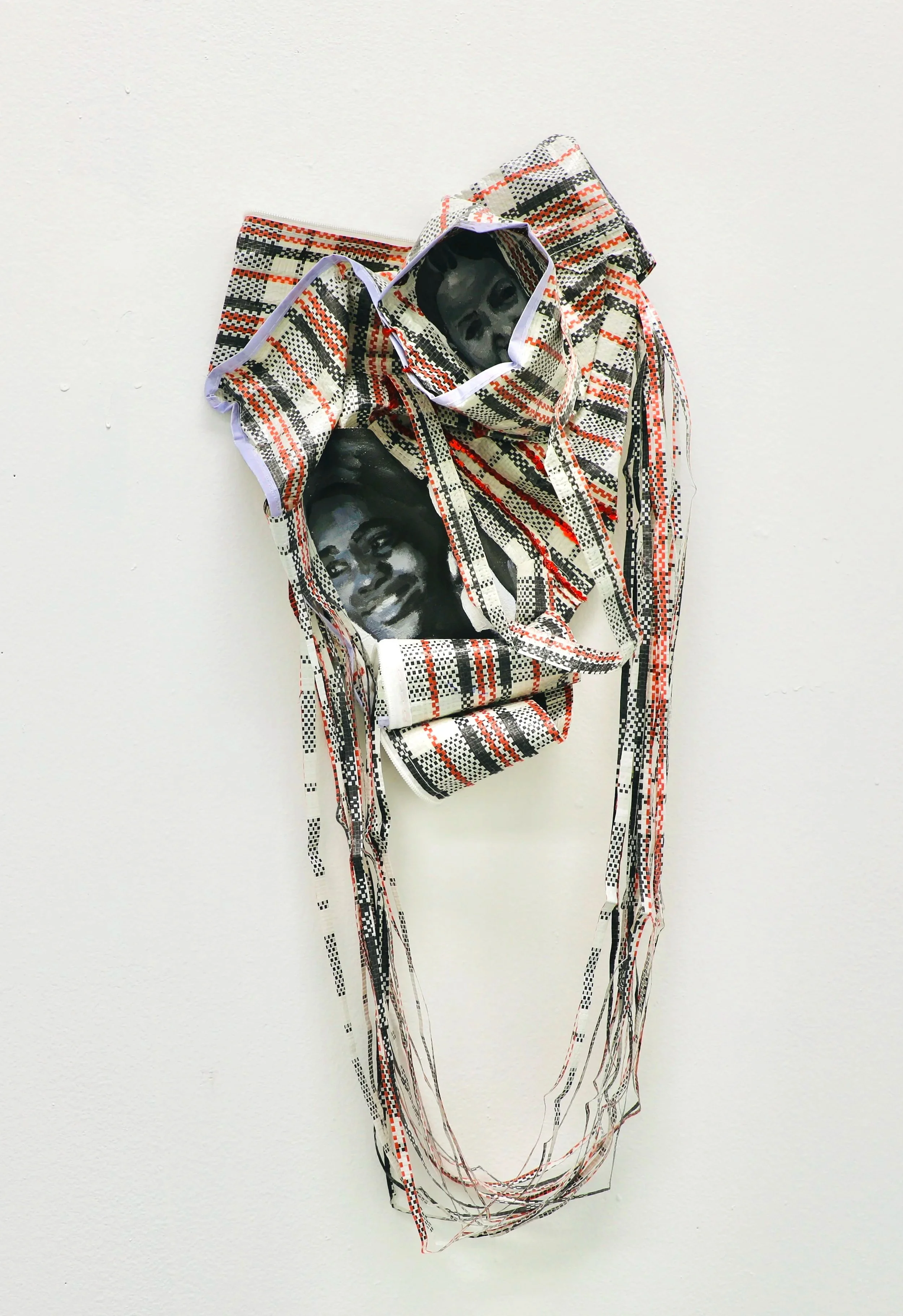 Enfold 4, 2025, acrylic, rhinestones, canvas and plaid bag, 45x45x12cm