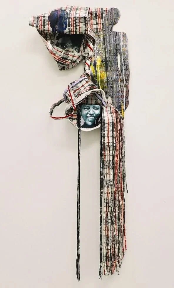Enfold 3, 2025, plaid bags, acrylic, sequins, yarn, canvas, 75x37x12cm
