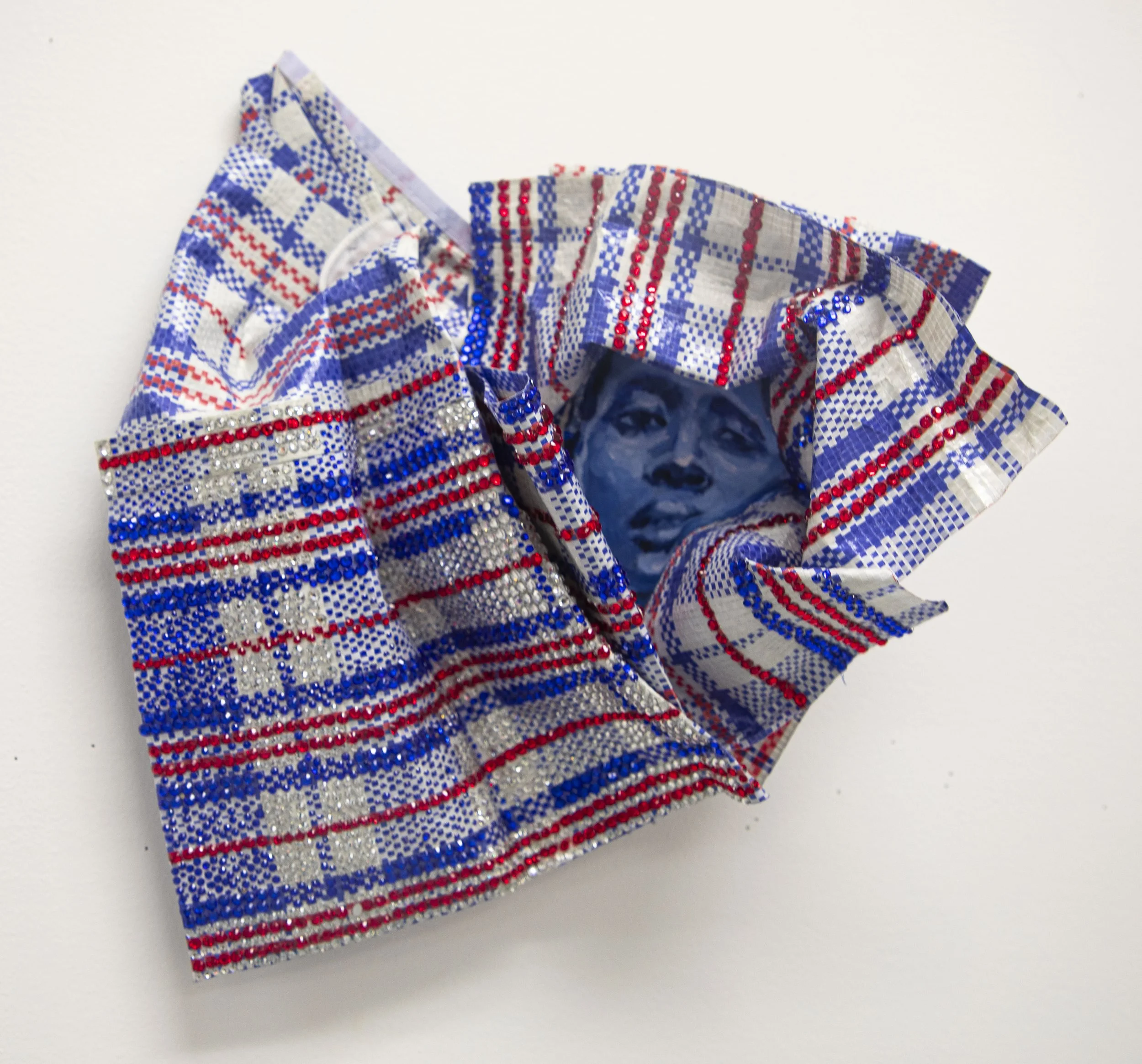  Gele 1, 2025, plaid bags, acrylic,
 rhinestones, canvas, 32x32x18 cm