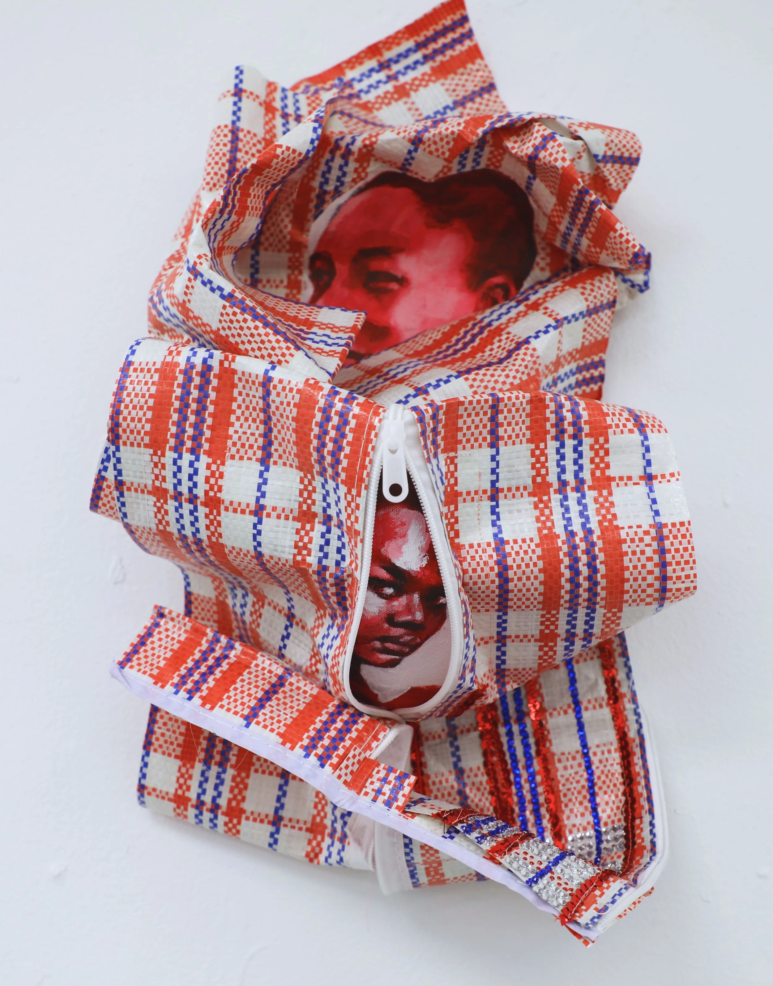 Enfold 2, 2025 , acrylic, canvas, sequins, rhinestones, plaid bags, 42x38x18 cm