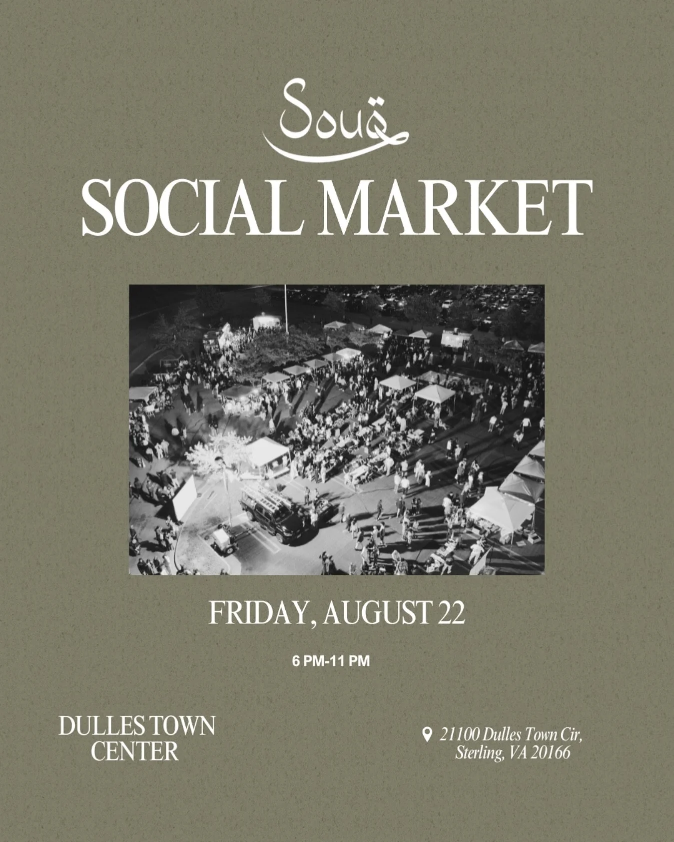 Another Souq night at Dulles &mdash; come join us! 🌙✨

We&rsquo;re back Friday, August 22 from 6&ndash;11 PM at Dulles Town Center with:

Local vendors
Halal food
Chill community vibes

Free entry &bull; Family-friendly &bull; Everyone&rsquo;s welco