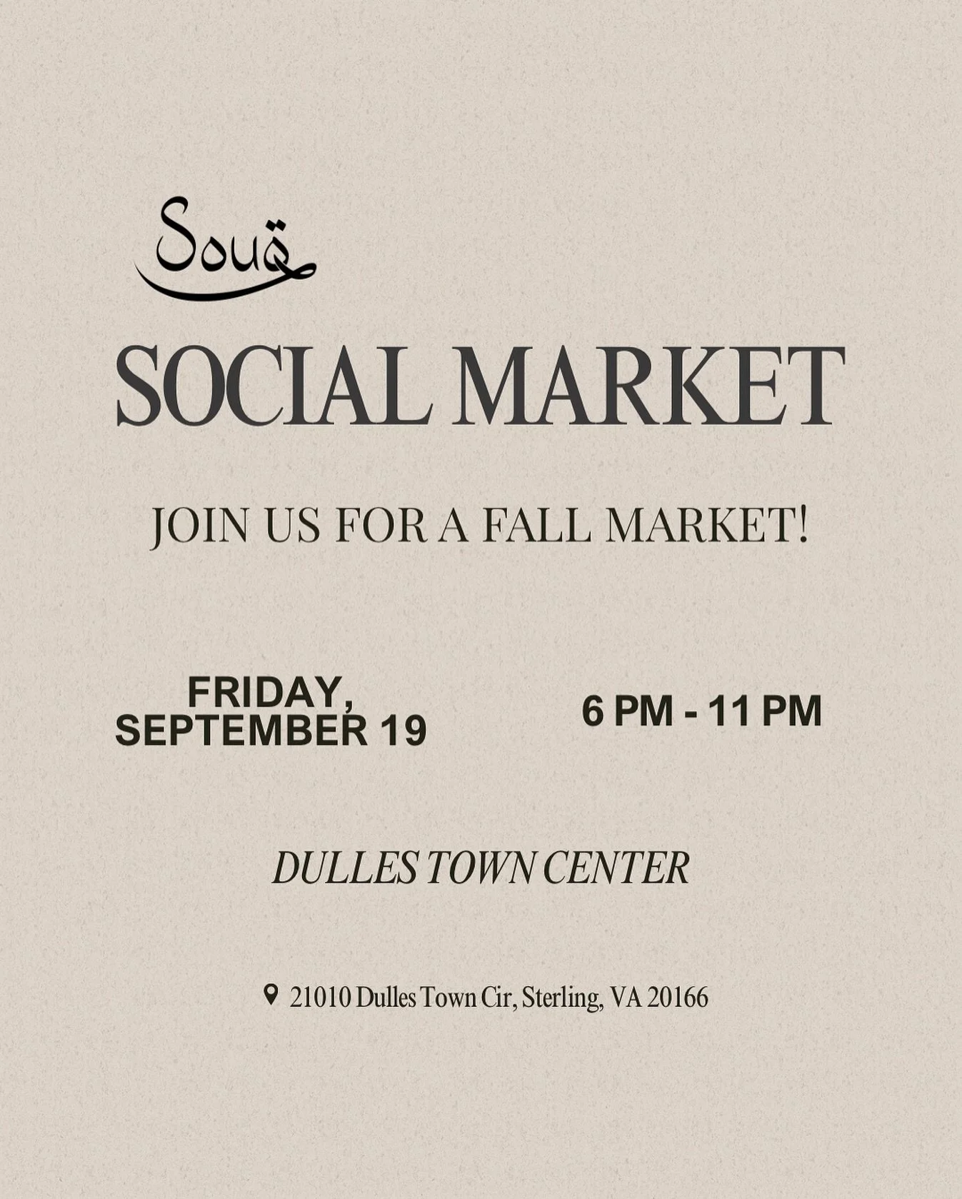 Join us for our outdoor Fall Market at Dulles Town Center 🍂

Shop local vendors
Grab your favorite halal bites and drinks
Enjoy the cozy vibes

Friday, Sept. 19 | 6&ndash;11 PM | Free Entry

#SouqSocial #dmvmarket #muslimmarket #dmvevents #dmvhalal 