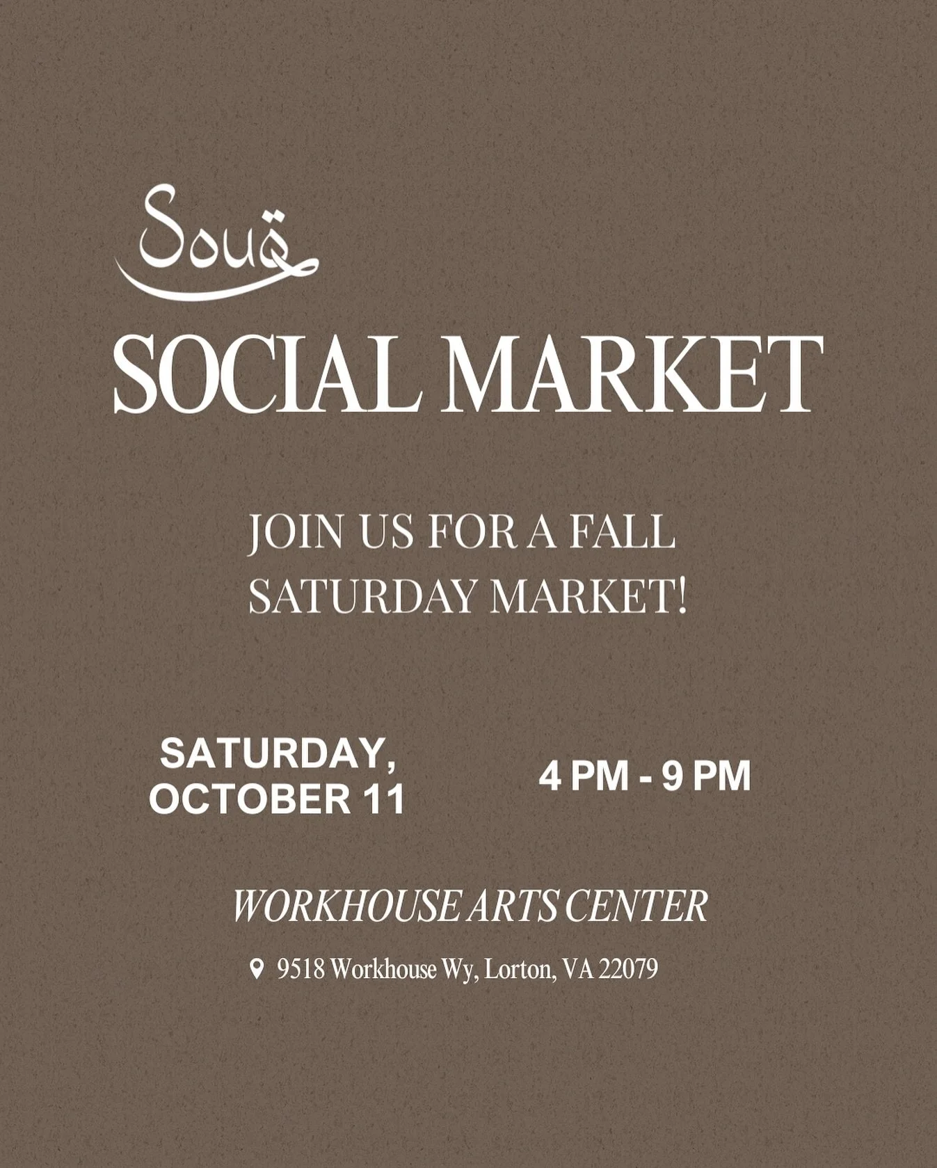 Mark your calendars for this cozy fall market evening 🍂

Souq Social Market on Saturday, October 11 at the Workhouse Arts Center in Lorton, VA!

Shop local vendors
Enjoy delicious halal food
Connect with community

📍 4&ndash;9 PM | Free entry | Fam
