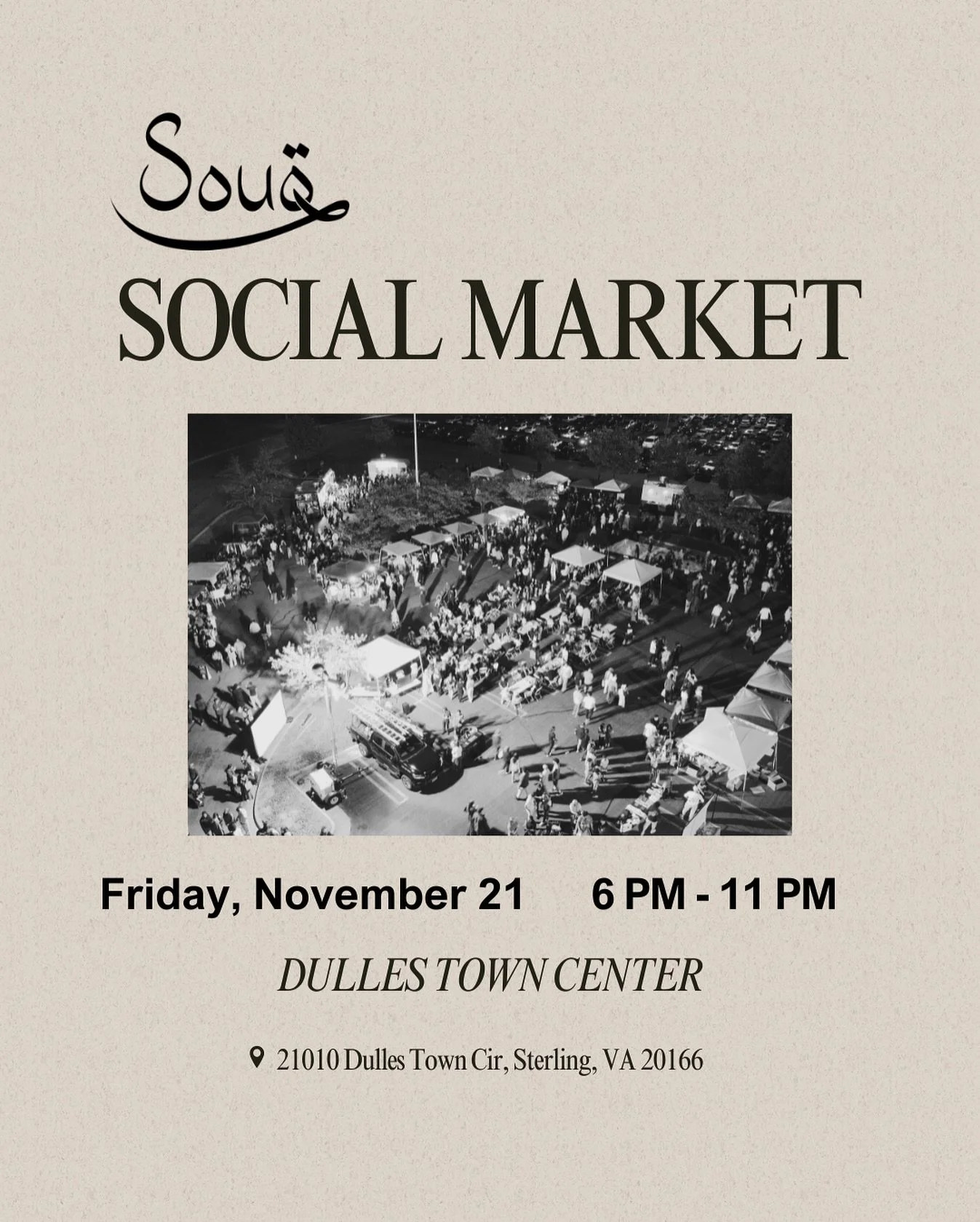 Our last outdoor market of the year!

Join us for one more fall Souq night at Dulles Town Center &mdash; happening Friday, Nov 21 from 6&ndash;11 PM ✨

-Shop local vendors
-Enjoy halal food
-Soak in the cozy fall vibes

Let&rsquo;s wrap up the season
