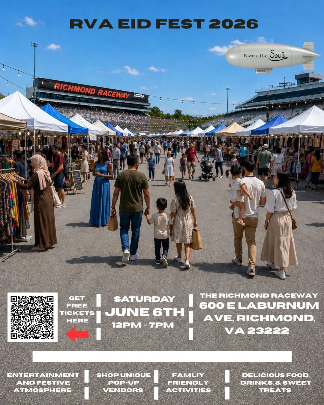 RVA Eid Fest 2026 is taking over The Richmond Raceway!

Join us on Saturday, June 6 from 12 PM&ndash;7 PM for an afternoon of food, shopping, entertainment, and community celebration Richmond&rsquo;s most iconic venue.

Location: Richmond Raceway
600