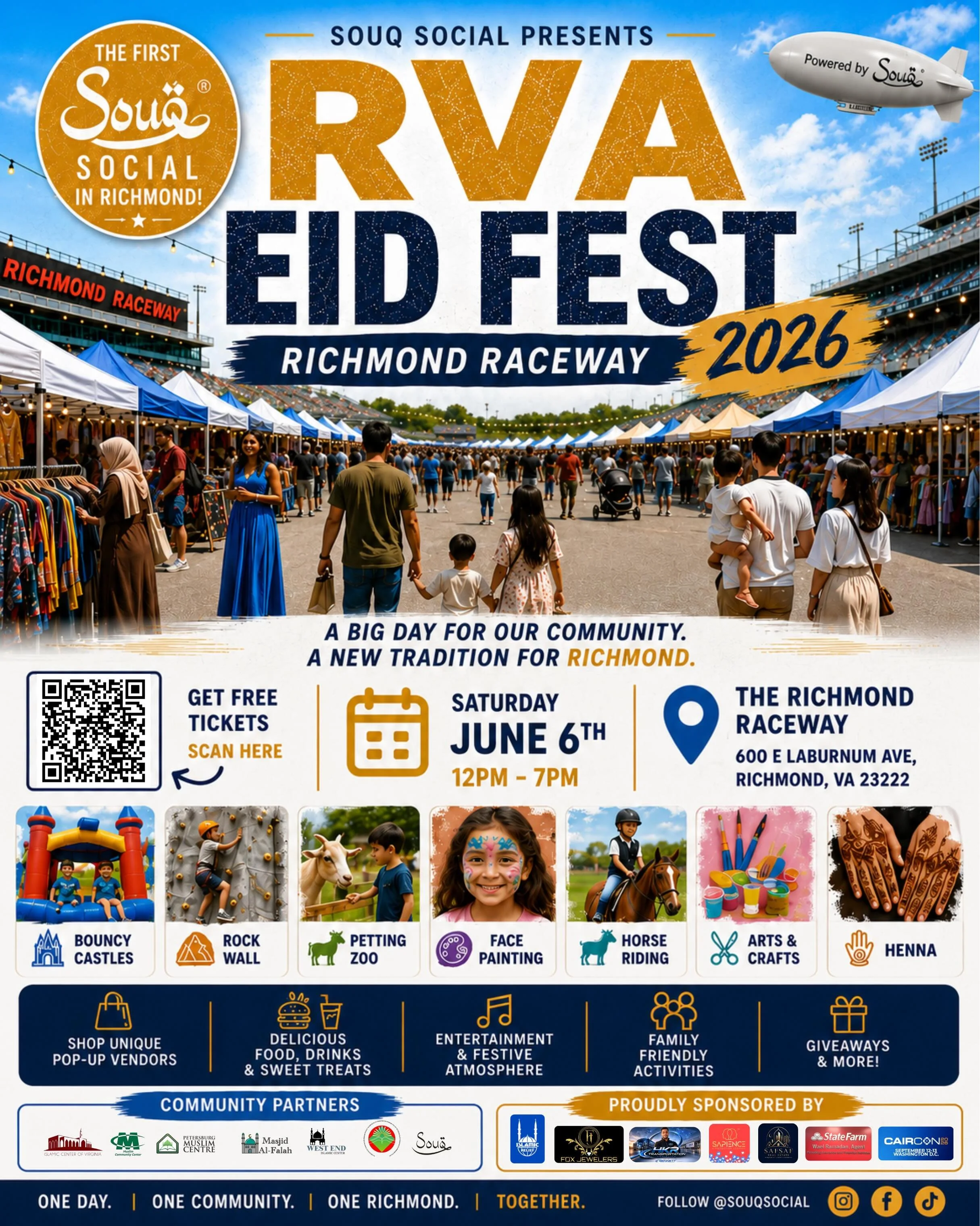 Eid Mubarak! Join us at the RVA Eid Fest for a full day of activities, including:

🏰 Bouncy Castles
🧗 Rock Wall
🐐 Petting Zoo
🎨 Face Painting
🐴 Horse Riding
✂️ Arts &amp; Crafts
🤲 Henna
🎁 Giveaways &amp; More!

There will also be unique pop-up
