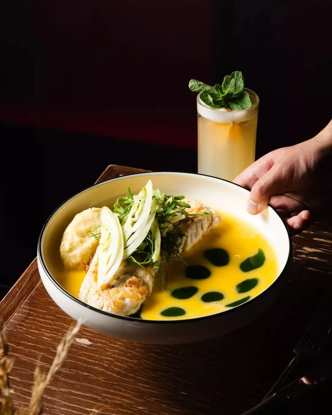 New to the menu our seasonal Market Fish. Line-caught and served with beurre mont&eacute;, rocket, fennel and green apple salad, rustic potato mash, roasted honey almonds, and herb oil. A large plate that celebrates the best of the season. 🌿