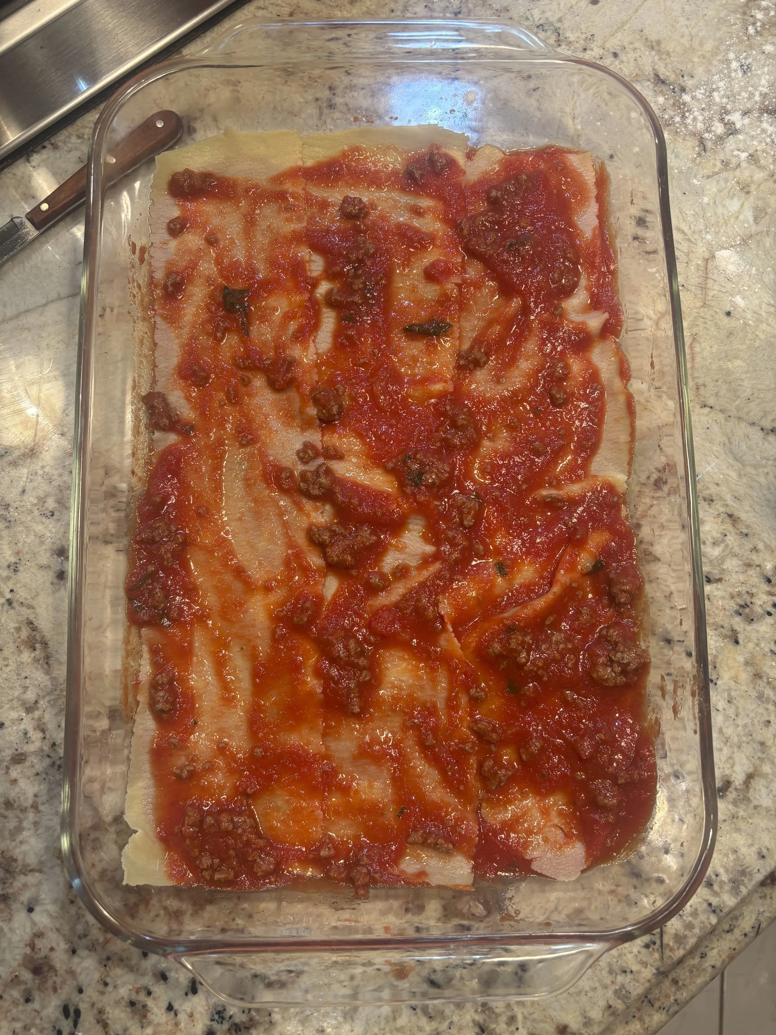 Boil next level of pasta while saucing the next layer