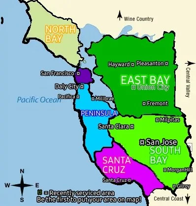 Map showing regions of San Francisco Bay Area, including North Bay (yellow), East Bay (green), South Bay (green), Peninsula (blue), and Santa Cruz (pink), with city labels and geographical features.