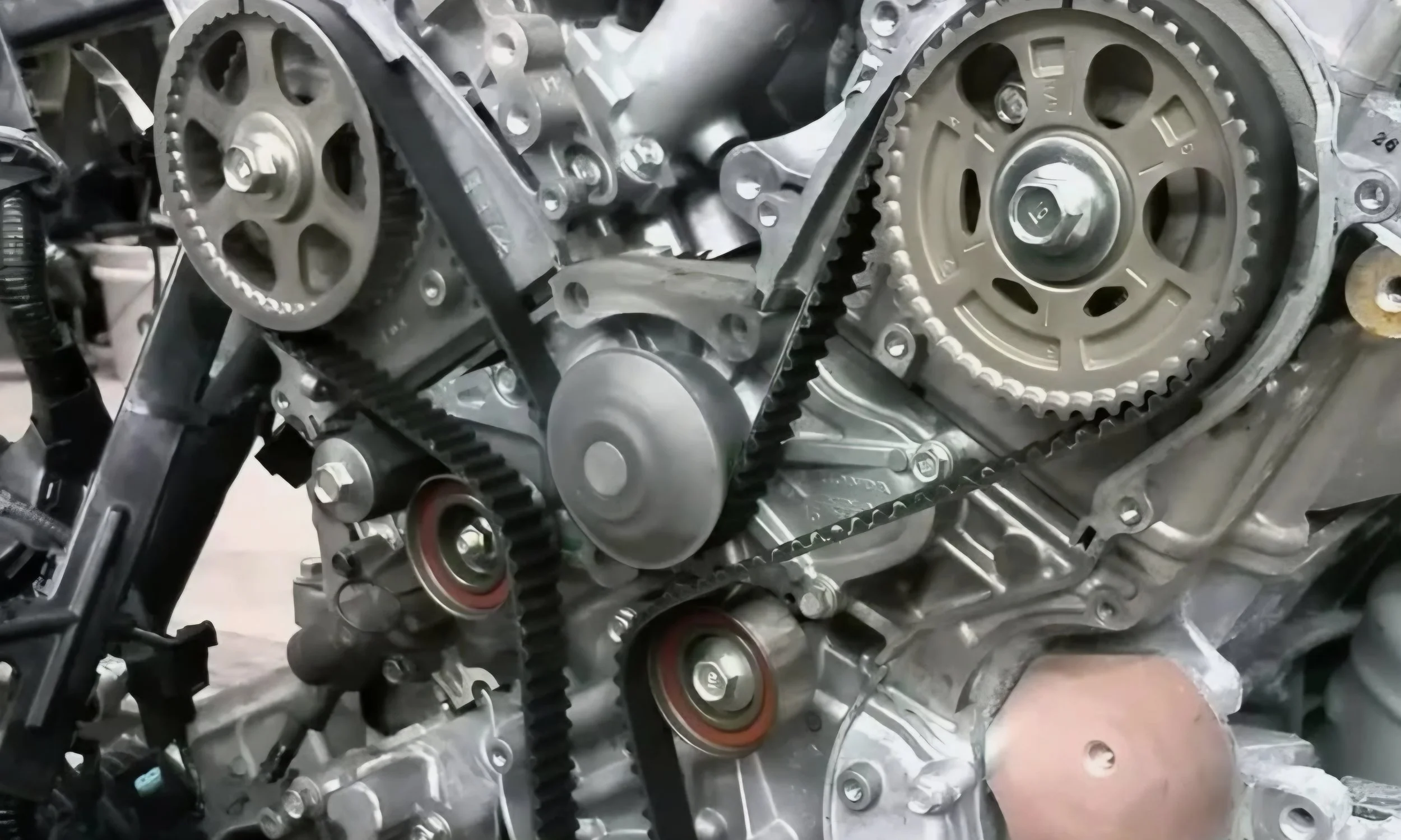 Close-up of a car engine showing timing gears, timing belt, tensioners, and various engine components.