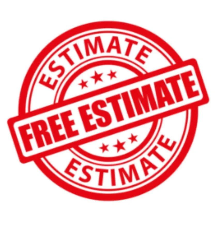 Red circular stamp with the words "ESTIMATE" and "FESTIMATE" repeated around the circle. A banner across the center says "FREE ESTIMATE" in bold red letters.