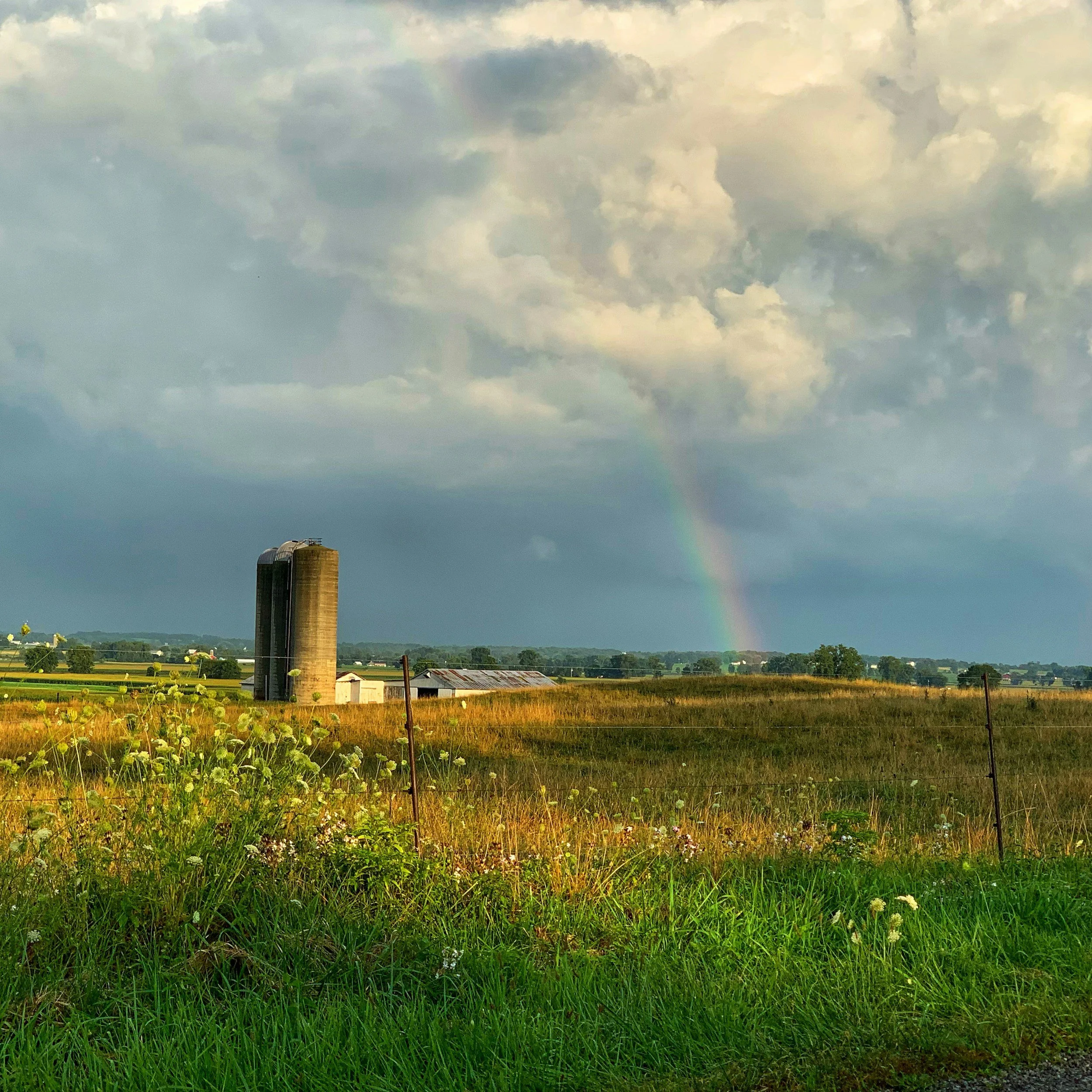 A rainbow stretches across a cloudy sky over a field with a grain silo and farm buildings in the middle distance