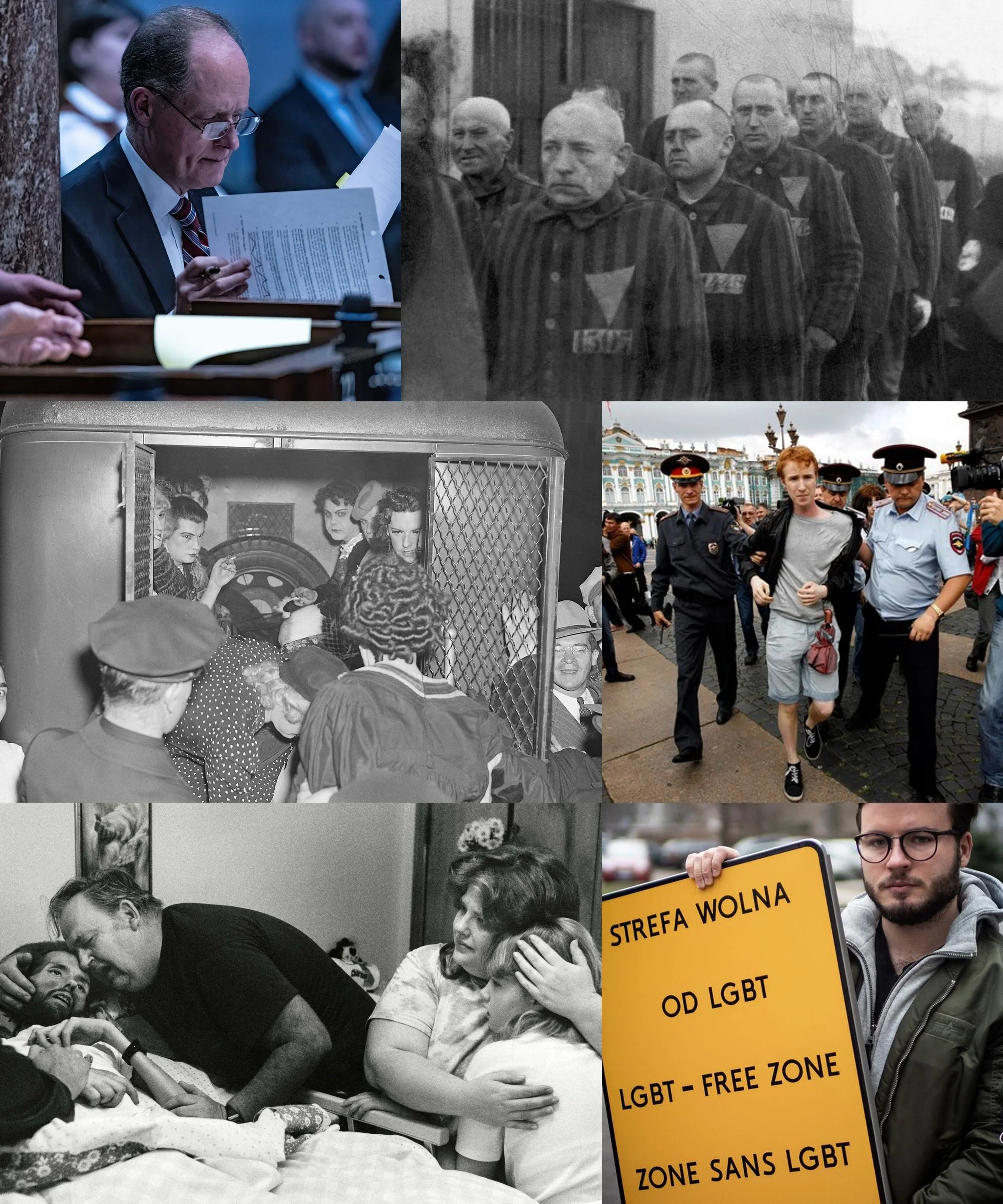 a gallery of images depicting historical and contemporary oppression against LGBTQ+ people