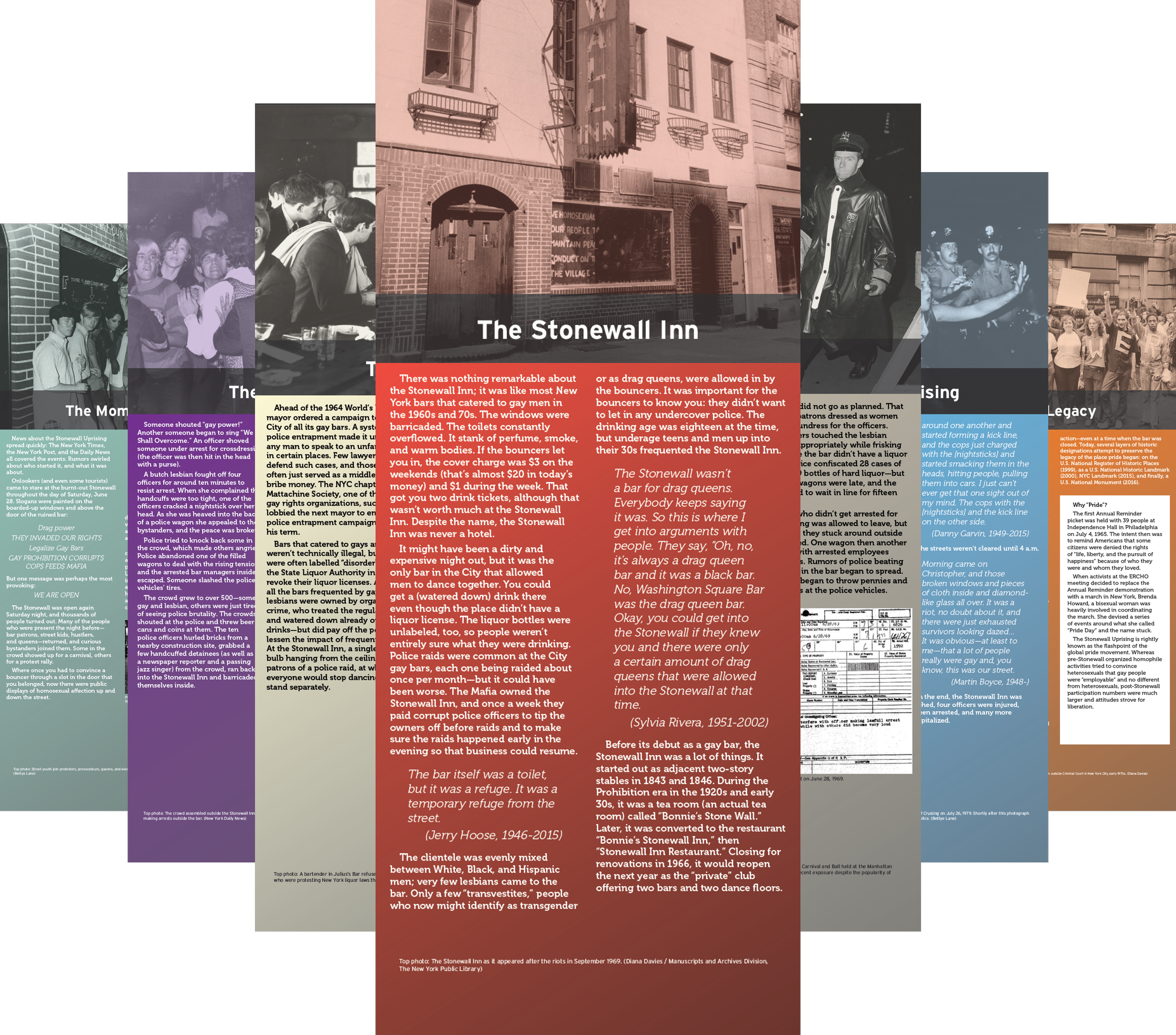 A collage of panels with text and images discussing the events of the Stonewall Riots.