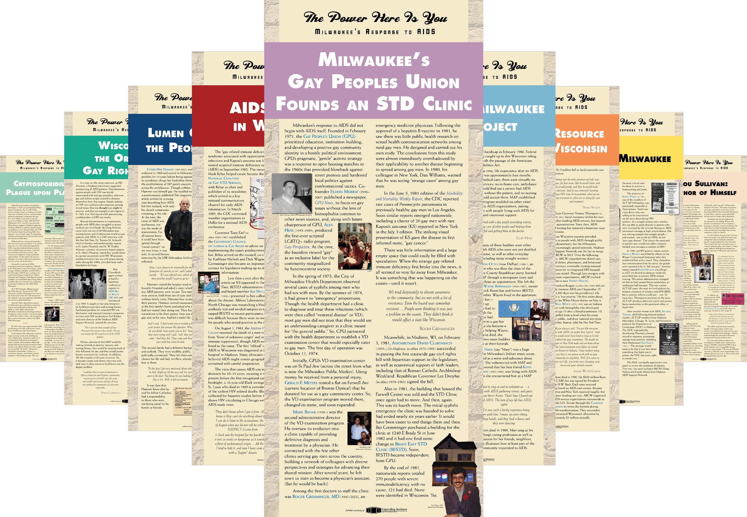 A collage of panels with text and images related to Milwaukee communities' responses to AIDS.