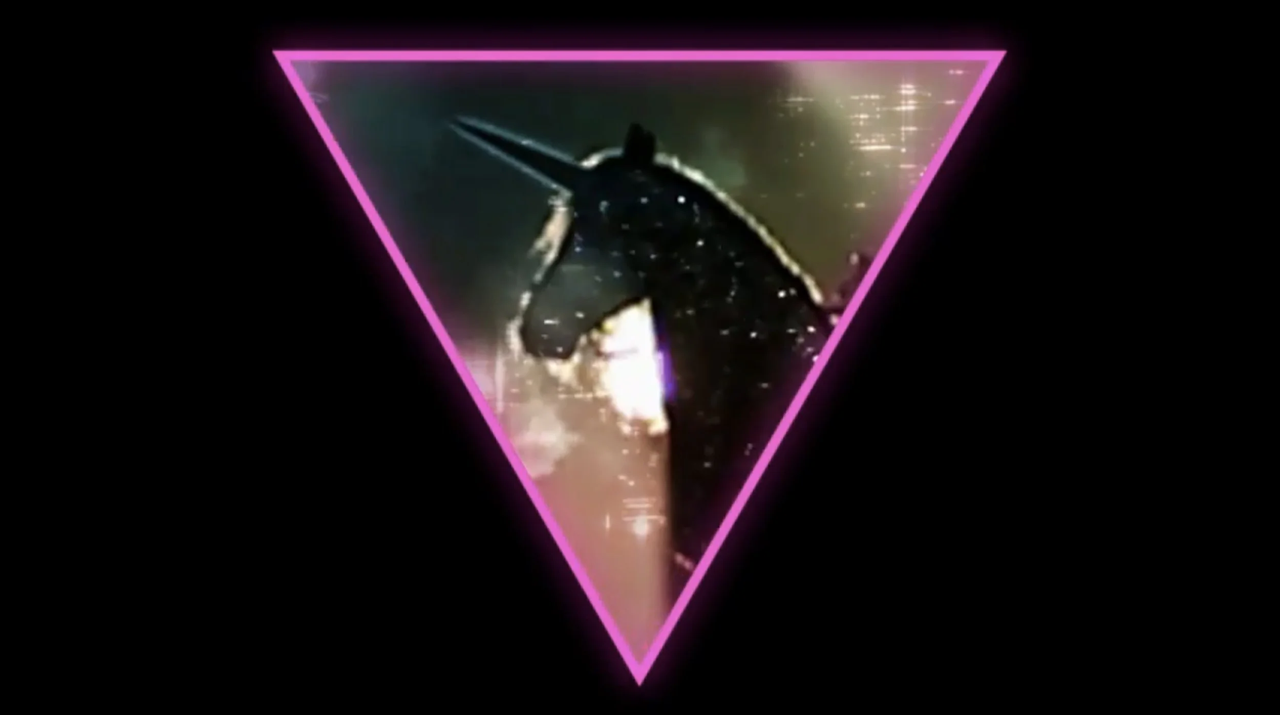 A digital art image of a unicorn with a dark body covered in small sparkles, standing in a reflective water scene with an abstract, neon triangular border.