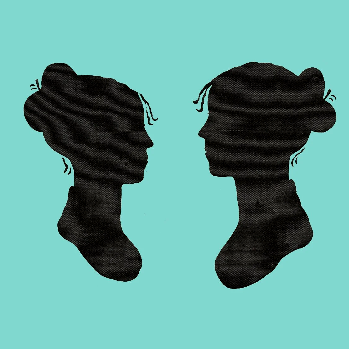 Silhouettes of two women facing each other on a light blue background.