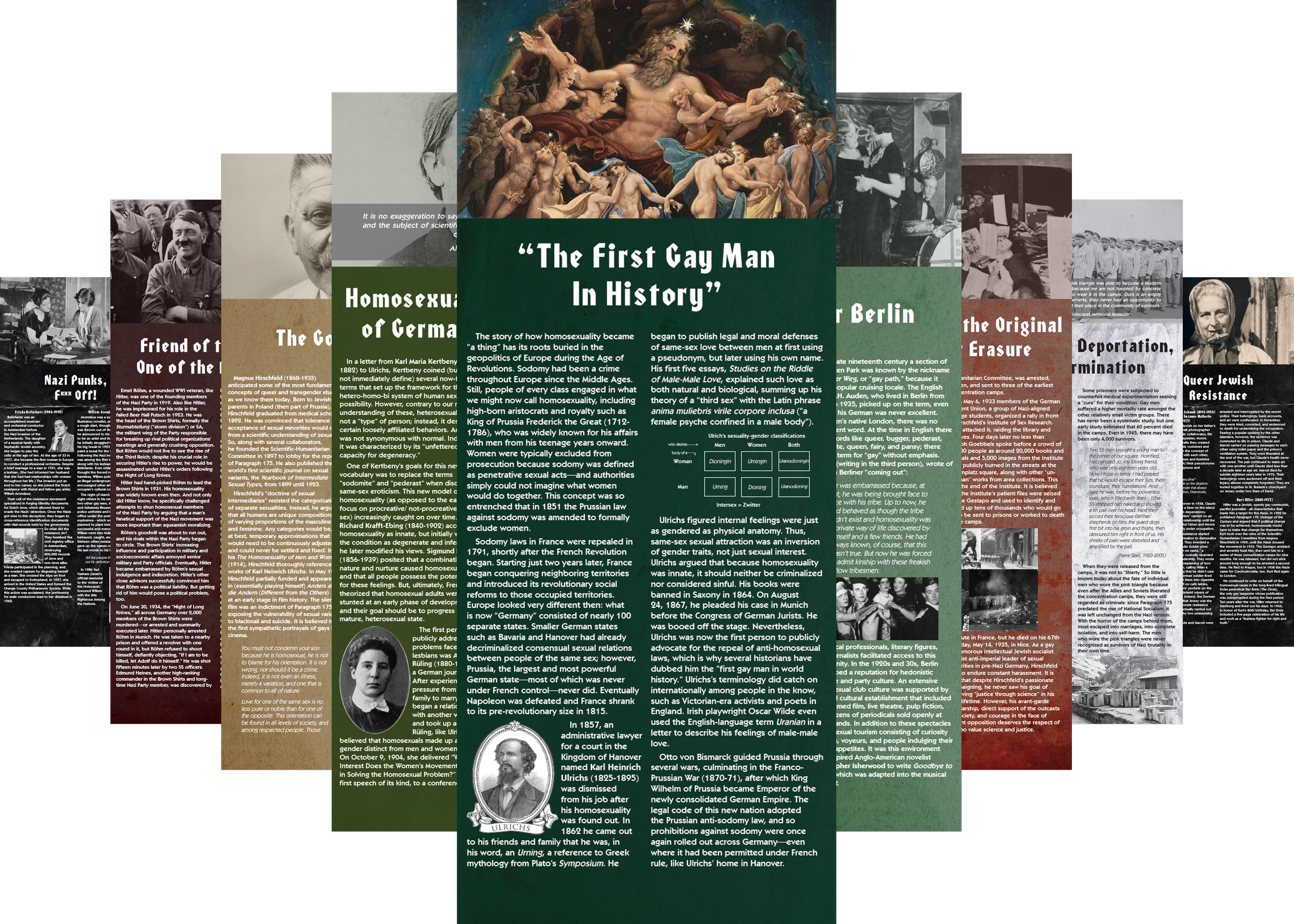 A collage of panels with text and images discussing queerness under fascism.