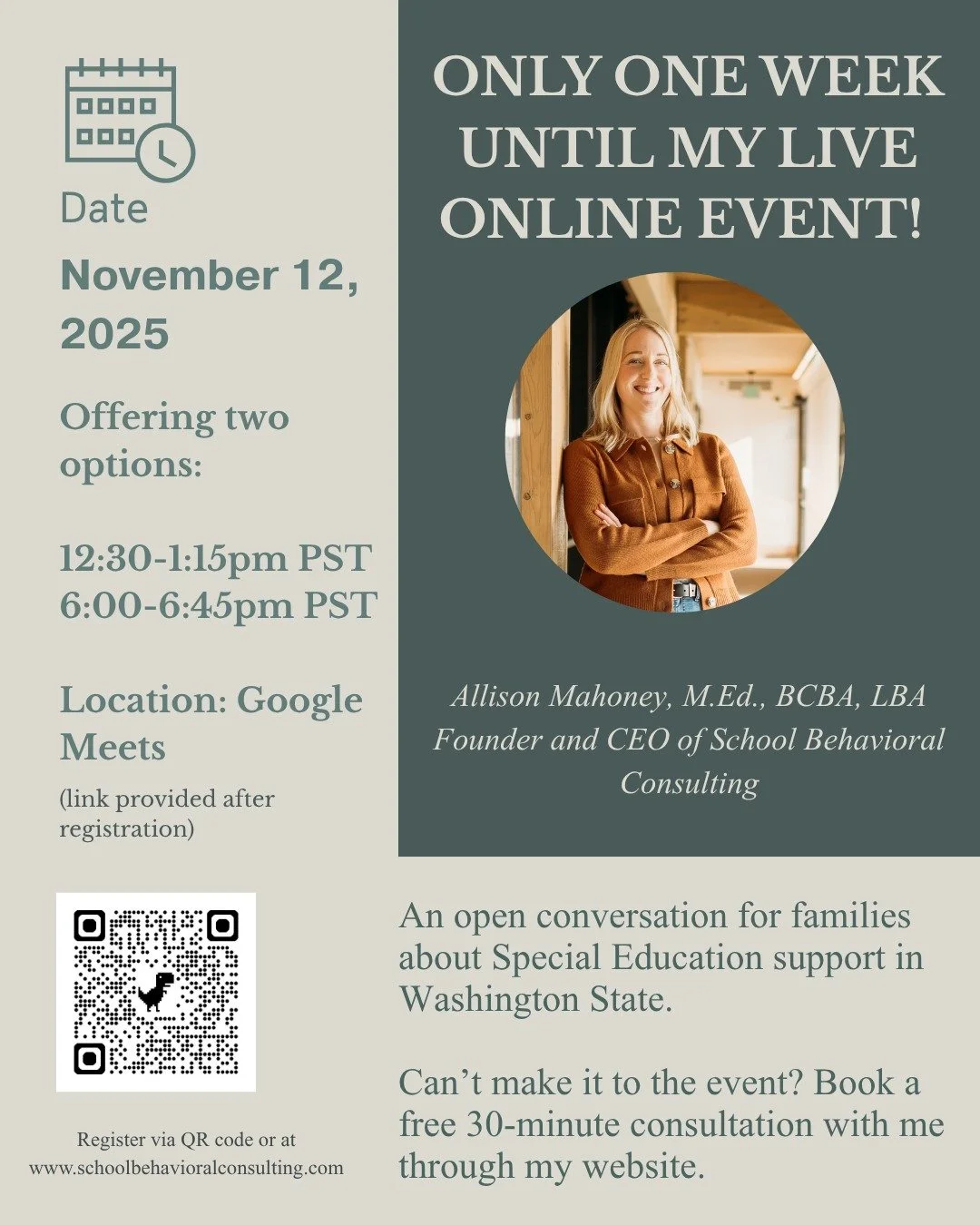 Parents and guardians in Washington state: have you registered yet? Link in bio. Can't make it on 11/12? Book a free 30-minute consultation with me directly on my website.