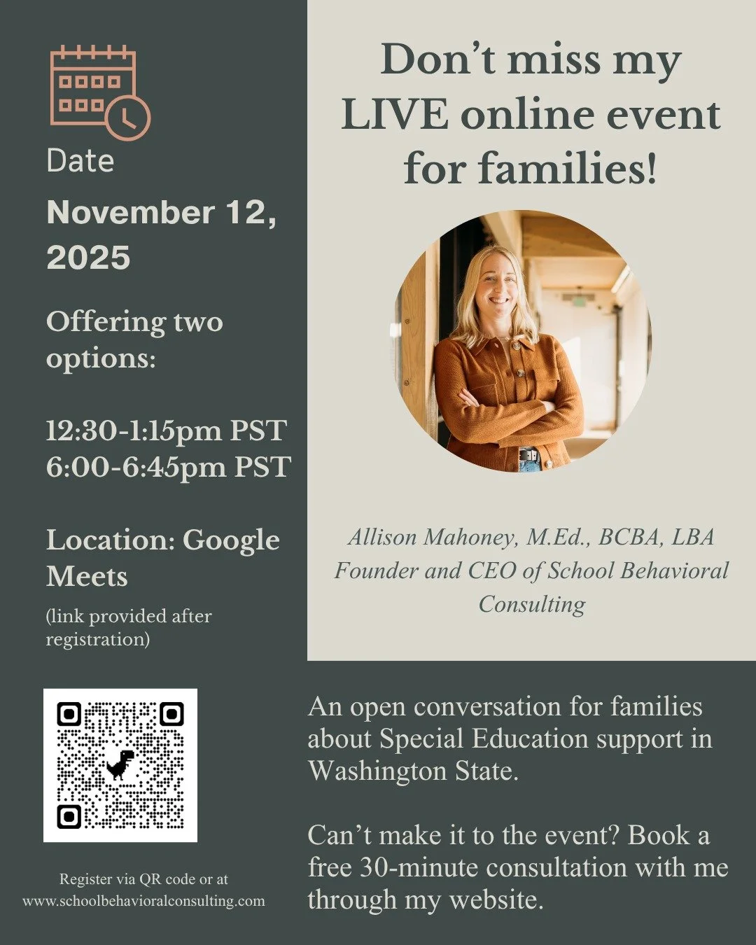 The countdown until my first online event is ON. Will I see you there? 

This FREE event is for any family member of a student in Special Education in Washington State. Come, ask questions and learn more about how to advocate for your student in Spec