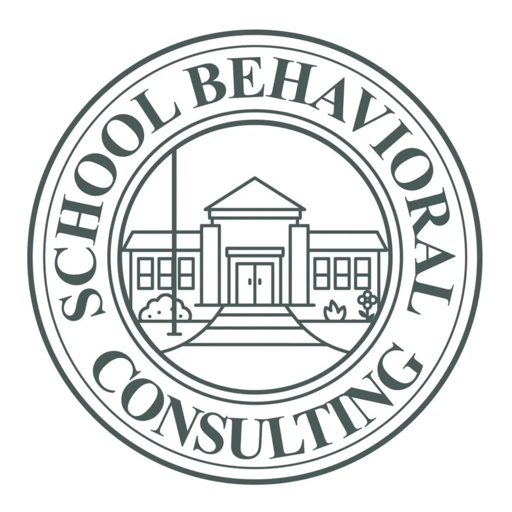 a circular icon of the company name surrounding a line drawing of a school building reads "school behavioral consulting"