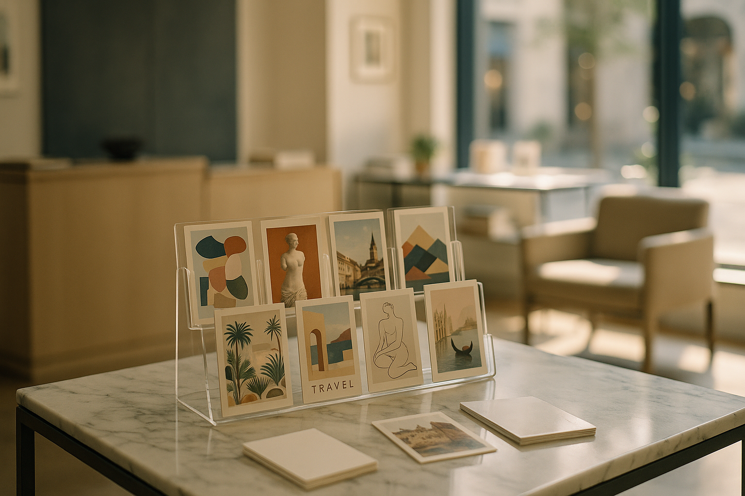 A table with a display of various postcards and prints, including travel-themed images, in a bright, modern indoor space with seating and large windows.