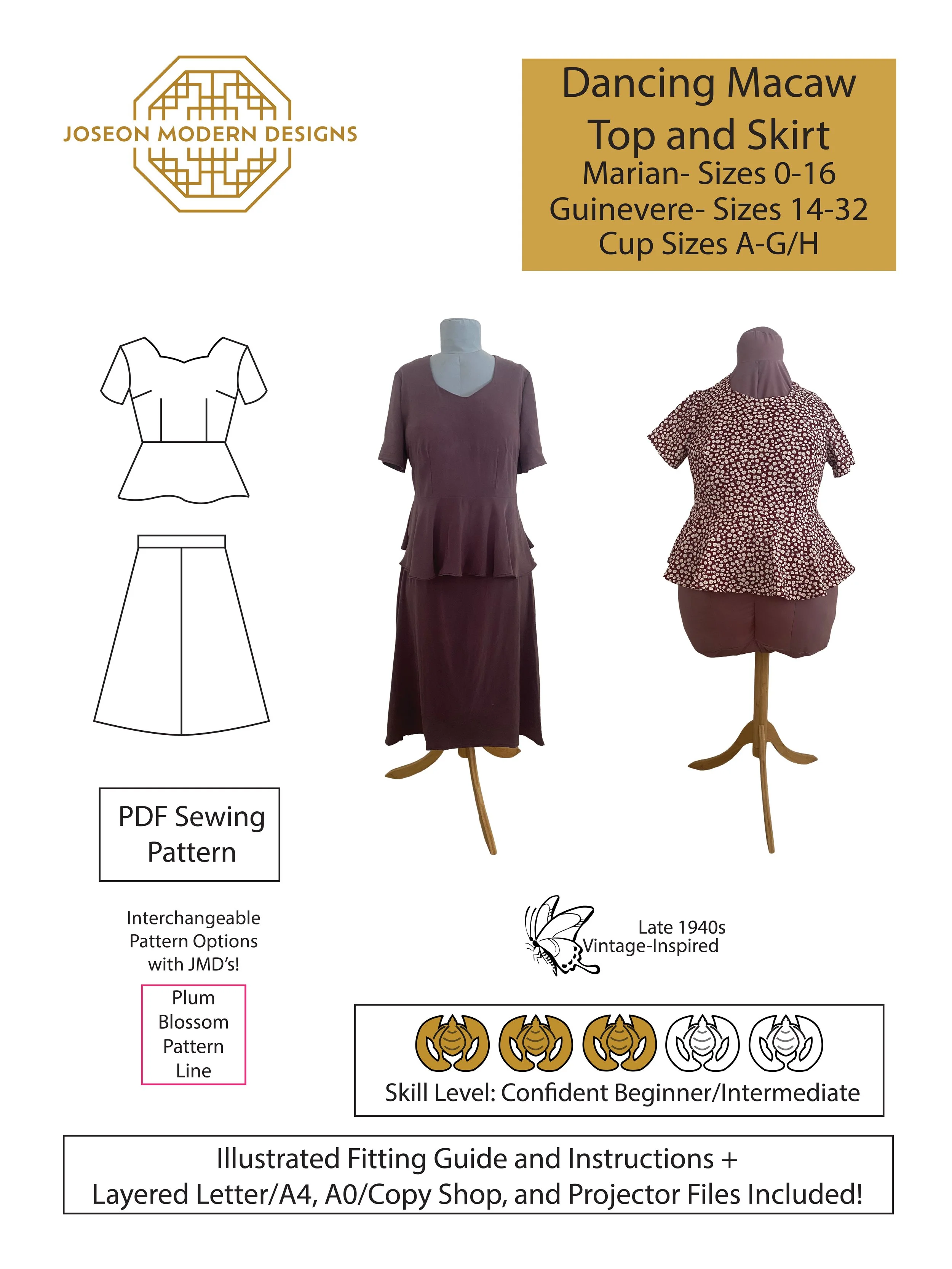 Dancing Macaw Top and Skirt Pattern Cover. Available in Marian: Sizes 0-16 and Guinevere: Sizes 14-32 with Cup sizes A-G/H. Cover Samples and Line Drawings. PDF Sewing Pattern. Late 40s Vintage Inspired. Skill Level: Confident Beginner/Intermediate.